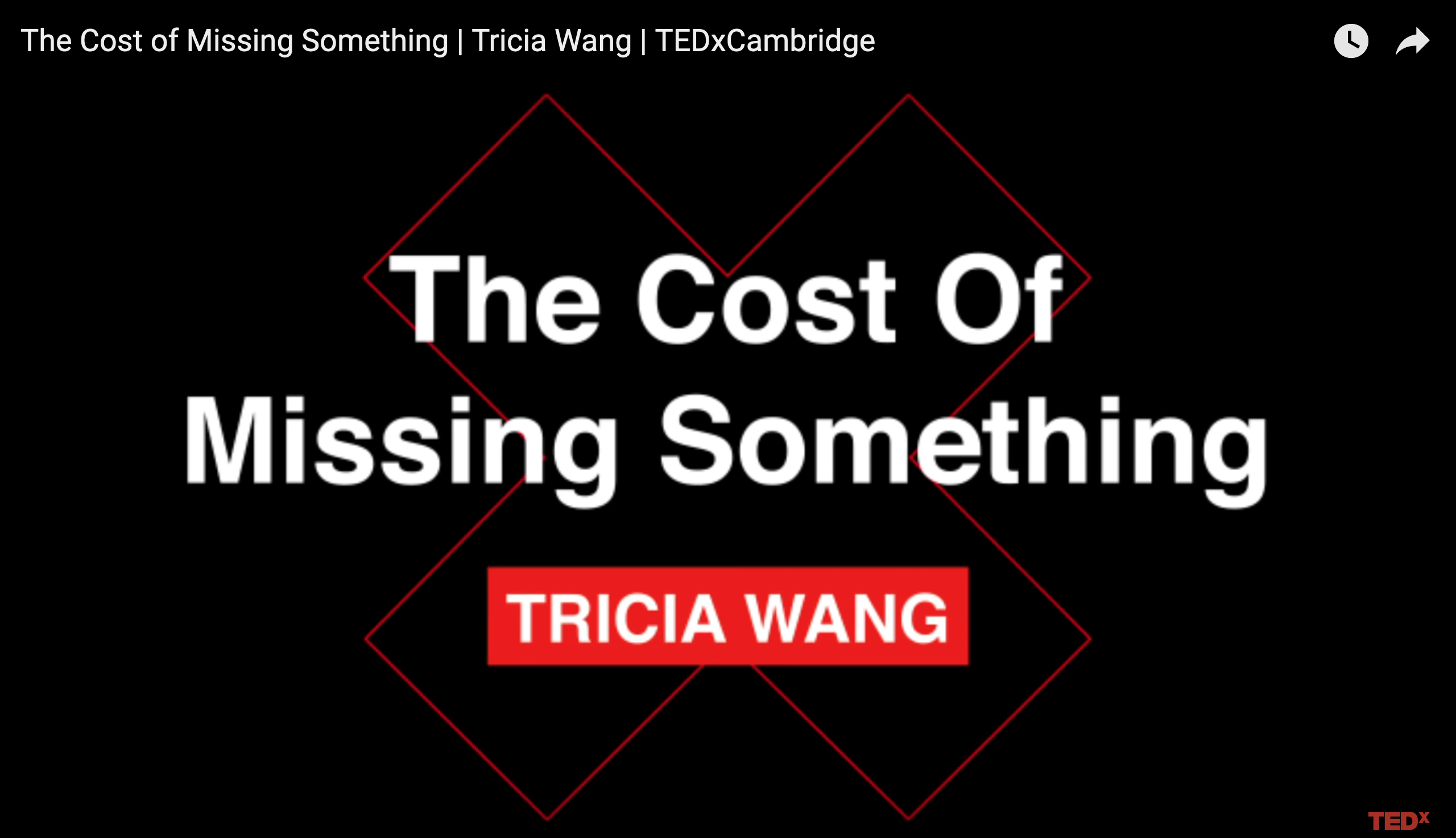 Slide with black background with a red x outline that in white text reads The Cost of Missing Something by Tricia Wang where Tricia Wang is also highlighted in red