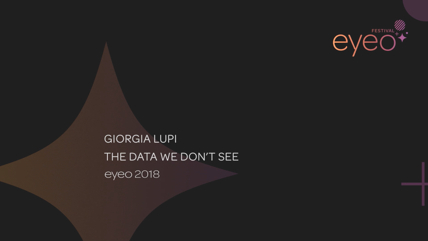 Slide with dark purple background that in white text reads The Data We Dont See by Giorgia Lupi eyeo 2018 and includes the eyeo festival logo in the top right corner