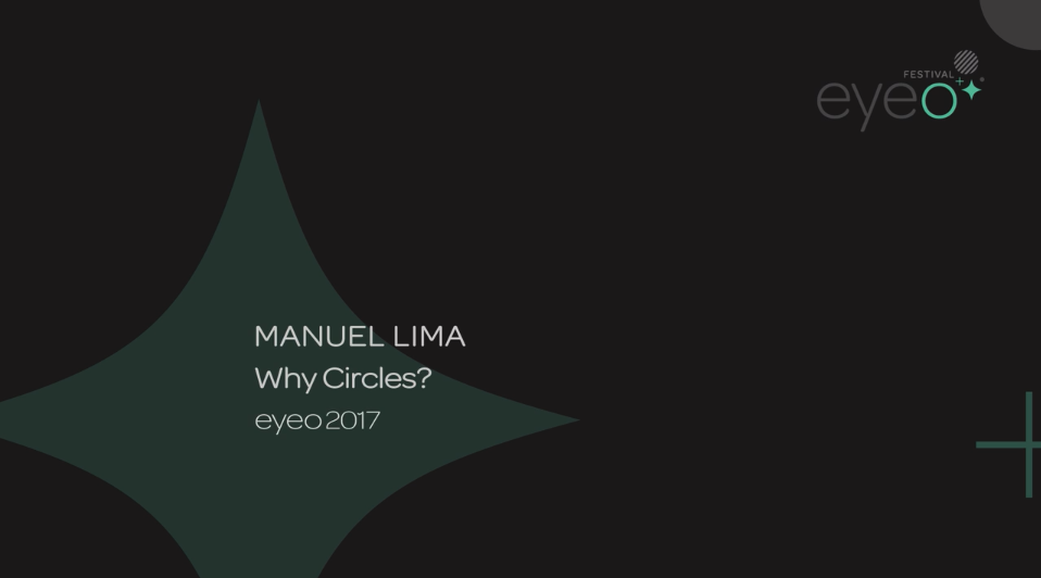 Slide with dark grey background that in white text reads Manuel Lima Why Circles eyeo 2017 and includes the eyeo festival logo in the top right corner